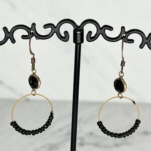 Black Beaded Gold Tone Hoop Earrings Pierced Pair